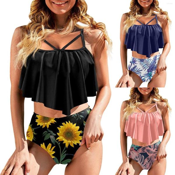 Traje de baño de mujer Trajes de baño de bikini sexy de verano para mujer Trajes de baño de dos piezas Top de volantes con volantes con parte inferior de talle alto Ropa de playa