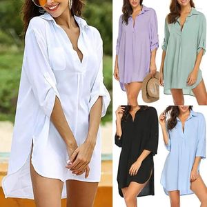 Maillot de bain pour femmes, voile d'été, sexy, décolleté en V profond, chemise de couleur unie, jupe de plage, protection solaire, chemisier