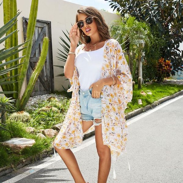 Maillots de bain pour femmes Été Femmes Floral Imprimer Jaune Cover-up Chemisier En Mousseline De Soie Femme Plage Boho Cardigan Vacances Châle Dames Cover-ups