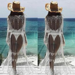 Dames badmode zomer dames sarong kanten maxi bikini cover up pareo witte strandjurk lange chiffon zie door haakvest Cardigan robe de plage 230511