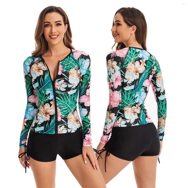 Traje de baño para mujer Verano Mujeres Tankini Traje separado de dos piezas Manga larga Pantalones cortos de ángulo plano Guardias de erupción Surf Snorkel Windsurf Nadar