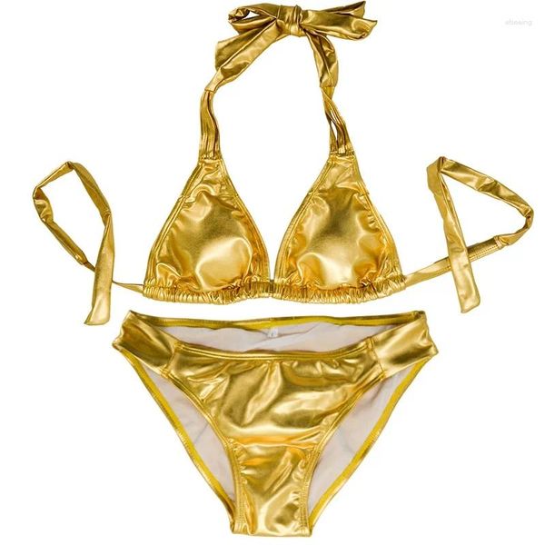 Traje de baño para mujer Super Sexy Mujeres Golden Bikini Set Traje de baño Baño Brasil Plus Tamaño 4XL Fondo Ruched Nightclub 2024