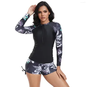 Traje de baño para mujer Traje de surf Traje de baño estampado de manga larga de 2 piezas para mujer 2024 Cremallera Bikini conservador Vacaciones en la playa de verano