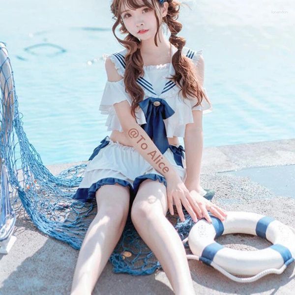 Sweetwwear féminin Sweet Lolita Off épaule de la marine Sailor maillot de bain JK École Rouffle deux pièces Swinwear Cosplay Sukumizu Beach Bathing