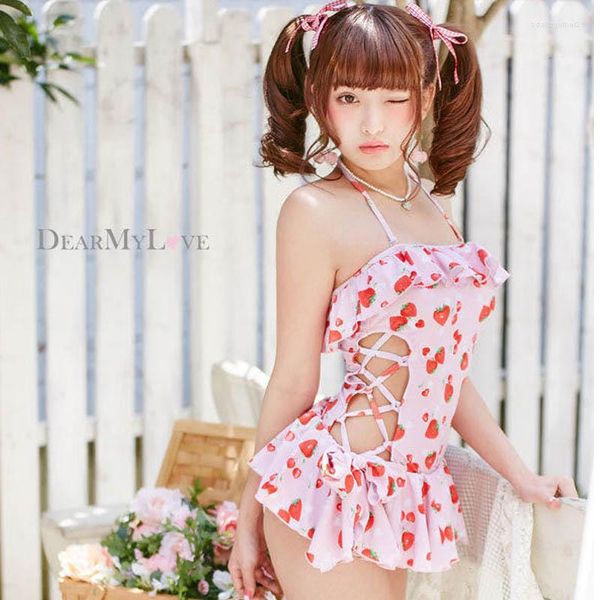 Traje de baño de una pieza para mujer, traje de baño de una pieza con diseño de fresa de Lolita dulce, trajes de baño con aumento, ropa de playa, Monokini de encaje, chicas lindas