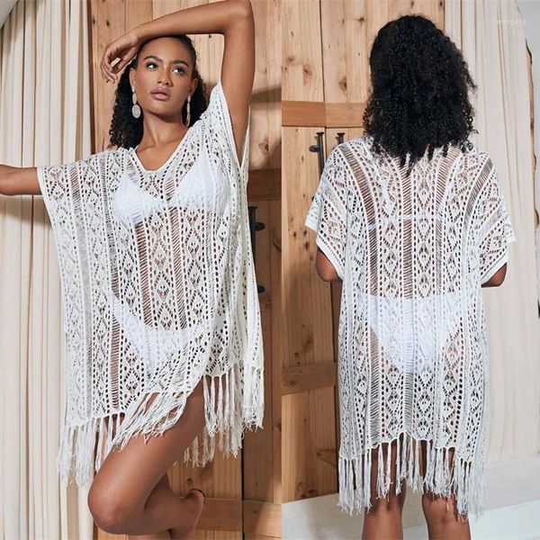 Maillots de bain pour femmes Swim Cover Up pour femmes Robe féminine Beach Sortie Tendance 2024 Tricoté Fringe Smock Sexy Chemise Creuse Bikini Solide Polyester