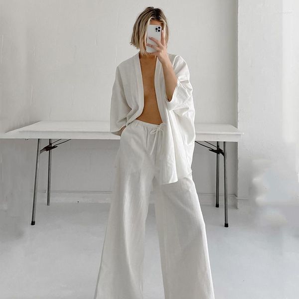 Fato de banho feminino para mulheres 2023 vestido de praia cobertor cardigã robe pijama calças de linho de algodão soltas roupas brancas roupas de lazer
