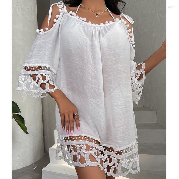 Traje de baño para mujer, vestido de baño para mujer, túnica Sexy para cubrirse, túnica para playa, verano 2023, ropa Pareo, vestidos, capa bohemia, encaje suelto de bambú