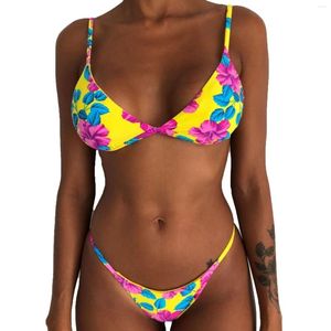 Maillot de bain femme maillot de bain 2 pièces femmes imprimé maillots de bain adultes Sexy réglable sangle spaghetti Triangle soutien-gorge string dames Bikini ensemble