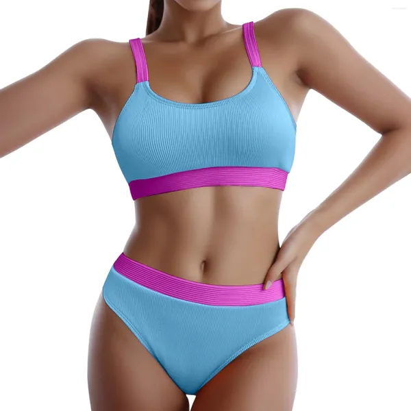 Traje de baño para mujer Traje de baño 2024 Tendencia Moda Acanalado Pit Stripe Color Sólido Bikini Dos piezas Sexy Conjunto de cintura alta