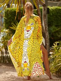 Vrouwen Badmode Badpak Cover Ups Vrouwen Gele Luipaard Strand Kimono Vakantie Cape Pareo 2023 Badpakken Drop