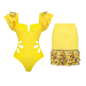 Traje de baño para mujer Traje de baño de una pieza con vestido de playa Jupe Bikini de lujo Traje de baño de diseñador Beache Sarong en amarillo