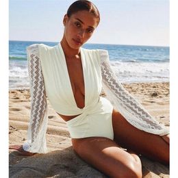 Dames badmode zwempak retro lange mouw stevige witte zwemkleding vrouwen verband badpakken strappy backless strandkleding 230328