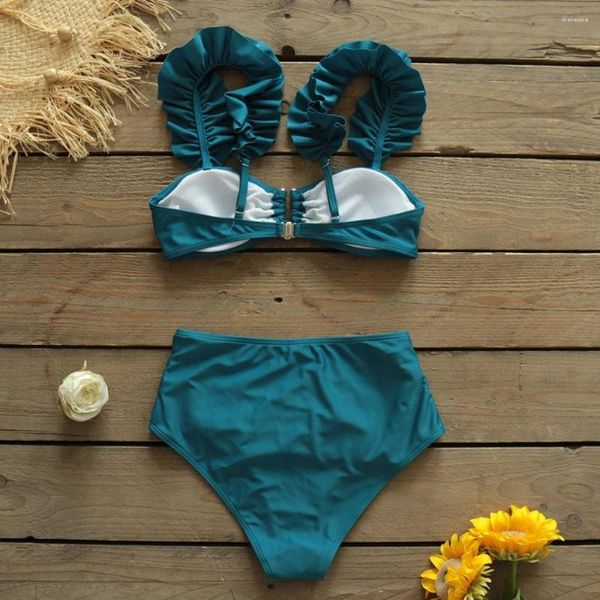 Traje de baño para mujer Traje de baño Conjunto de dos piezas de moda para mujer Traje de baño de bikini con tiras azul sólido