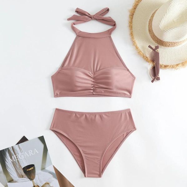 Bikini couleur de maillot de bain pour femmes avec un pavé en lacet en licou sexy deux pièces de la plage de plage 2024 maillot de bain