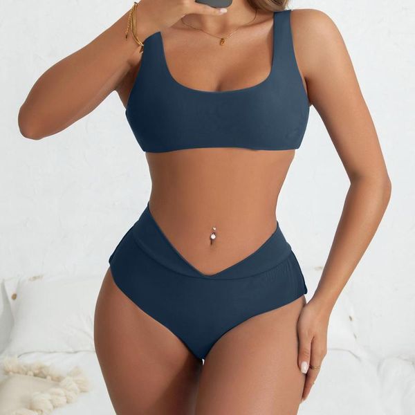 Traje de baño para mujer Traje de baño Mujer 2023 Color sólido Split Bikini Traje de cintura alta Conjunto de dos piezas Control de barriga Talla grande