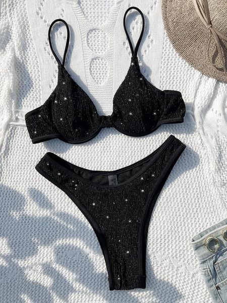 Traje de baño para mujer Traje de baño Mujeres 2024 Bikini negro brillante Sexy Cintura alta 2 piezas Soporte de acero Mujer con cuello en V Traje de baño de playa YX1378X