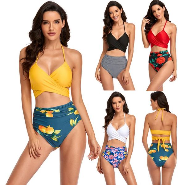 Traje de baño para mujer, traje de baño Sexy con lazo cruzado, cintura alta, estampado a la moda, Bikini de Color sólido, traje de fiesta en la playa para mujer