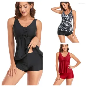 Chapeaux de bain féminin de maillot de bain tankini ensemble avec short en deux morceaux de bains de contrôle de contrôle du ventre