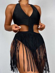 Traje de baño para mujer Traje de baño para mujer Traje de baño de una pieza 2023 Traje negro sólido Monokini con flecos Traje de baño sin espalda con cuello halter sexy Ropa de playa para mujer J230704