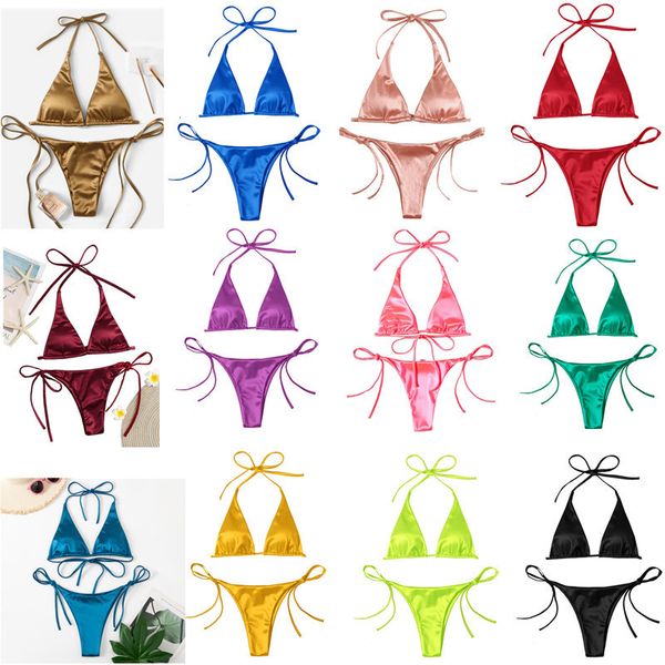Maillots de bain pour femmes maillots de bain couleur pure Satin matériel femmes Sexy Bikinis ensemble 230608