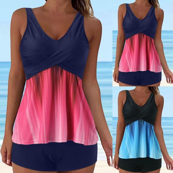 Traje de baño para mujer Tankini Traje de baño para mujer Verano Push Up Dos piezas Camiseta sin mangas con traje de baño de esquina plana adelgazante corto