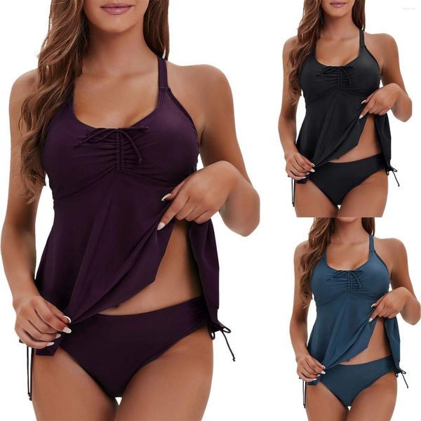 Traje de baño para mujer Tankini Trajes de baño para mujeres Ajuste suelto Sólido Dos soporte de pecho Ropa de baño Falda larga Traje de niñas 4x