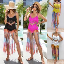 Dames badkleding kwastje dames haak bikini cover -ups badmode gebreide cutout gradiënt mouwloze strandjurk bikini zwempak badpak