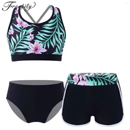 Maillots de bain pour femmes Teens Girls Imprimer Maillot de bain Bretelles croisées Crop Tops avec shorts Briefs Set Beach Pool Water Park Maillot de bain Rash Guard