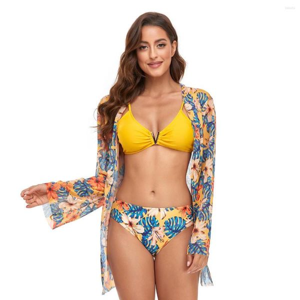 Traje de baño de tres piezas para mujer, conjunto de Bikini tipo pareo, traje de baño para mujer, traje de baño de malla de cintura alta entrecruzado 2023, ropa de playa Floral sólida