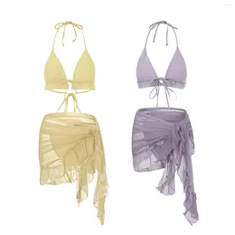 Vrouwen Badmode Driedelige Bikini Set 2024 Effen Kleur Halter Bandage Bh String Badpak Met Mesh Cover Ups sarong