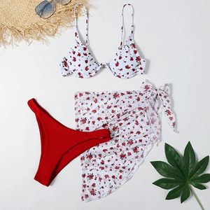 Dames badmode driedelige bikini -badkleding voor dames bikini driehoek beker split zwempak strand bloemenprint strandkleding pakken