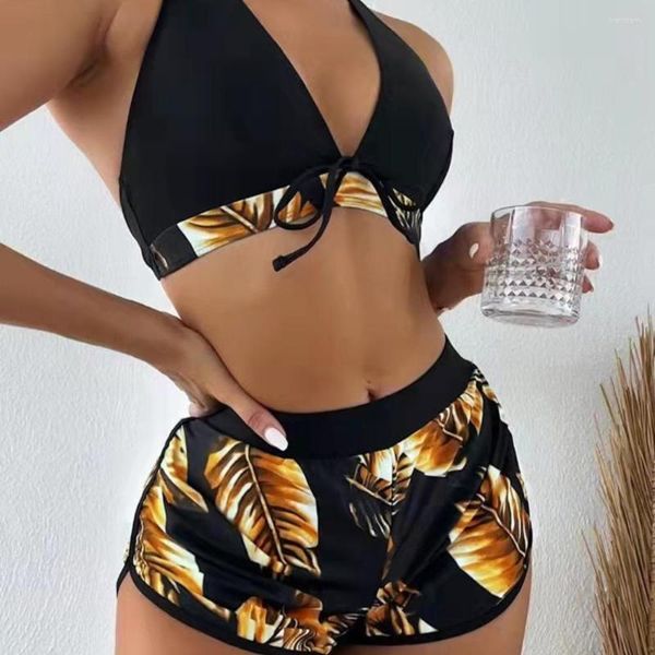 Traje de baño para mujer Tres piezas Bikini con estampado de hojas Traje de baño para mujer con pantalones cortos de baño Traje de baño de playa de verano 2023 Conjunto