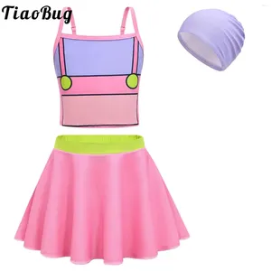 Dames badmode tiaobug 3 stcs meisjes strip personage cosplay zwempak 4 tot 14 jaar zwemmen cami top met rok en hoed set strand badpak