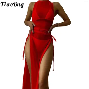 Swimwear Women Tiaobug 3pcs Femme Bikini Swimsuit Set with Beach Mesh Cover Up Robe Sans manches High Split TrawString Long