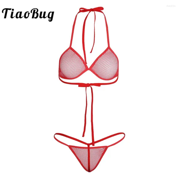 Traje de baño para mujer TiaoBug Fishnet See-Through Bra Tops con tanga Lencería Mujeres Sexy Mini Bikini Set Traje de baño para nadar Ropa interior