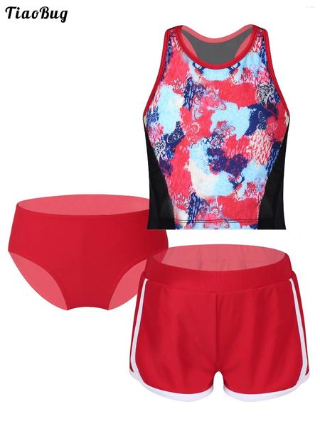 Swimwear de mujer Tiaobug Summer 3pcs Niñas Bikini Bikini Bywims Tocio redondo Carrera sin mangas de espalda con calzoncillos y pantalones cortos establecidos