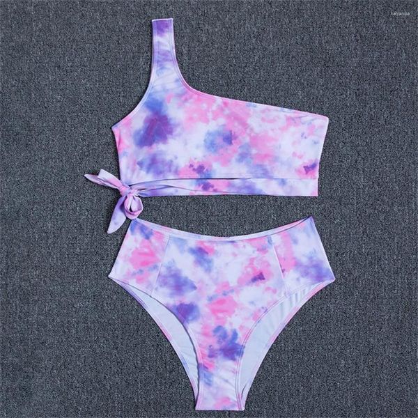 Tie de maillots de bain pour femmes Dye Print Bikini High Waist Swimsuit Bandage Sexy Femmes Vacon Suif de bain de la plage tropicale One-épaule