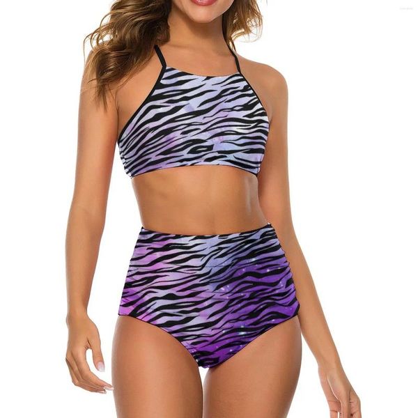 Traje de baño para mujer, Bikini con estampado de tigre, traje de baño Sexy negro y morado, conjunto de cintura alta, trajes de baño de dos piezas, Biquinis de Fitness