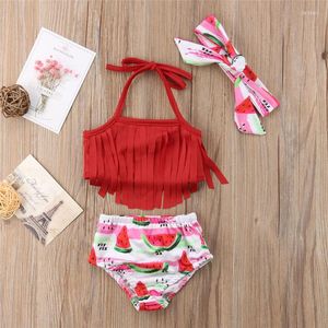 Dames badmode peuter kind babymeisjes tassel bikini set fruit badpak badpak watermeloen - rood