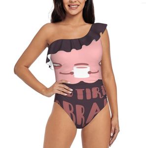 Traje de baño de mujer demasiado cansado para el cerebro, traje de baño con volantes de un hombro, traje de baño de playa de una pieza, estampado Sexy para mujer Digistickie