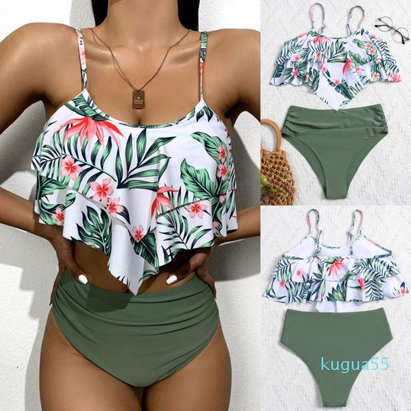 Maillots de bain pour femmes Top Vente Femmes Mode Tube Sexy Split Feuilles Impression Dos Ouvert Brésilien Bikini Maillot De Bain Tankini Femme