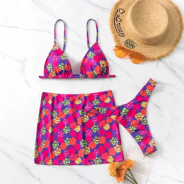 Traje de baño para mujer Conjunto de bikinis de tendencia con falda Floral Traje de baño brasileño Y2K para mujer Traje de baño de tres piezas Bikini triangular Traje de playa