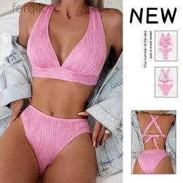 Dames Swimwear Triangle Bikini Set for Women 2024 V Neck Halter Tie Back Summer Bading Suit High Tailed Summer Tweed Piece Swimsuit D240424