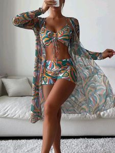 Dameszwemkleding Tropische allover print bikini 3pack Trekkoord Ruches Cover Up Damesbadpak Badmode met lange mouwen Strandkleding Badpak 230408