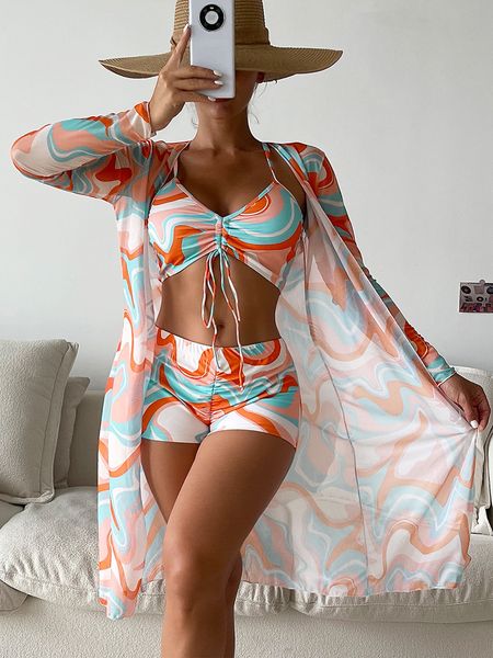 Traje de baño para mujer Bikini tropical de cintura alta de tres piezas Sexy manga larga cubrir traje de baño 2023 verano Push Beach traje de baño 230313