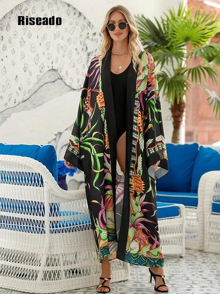 Maillots de bain pour femmes Tropical Print Beach Cover Ups Robes longues 2024 Femmes Kimono Robe Summer Beachwear Vêtements Cardigan