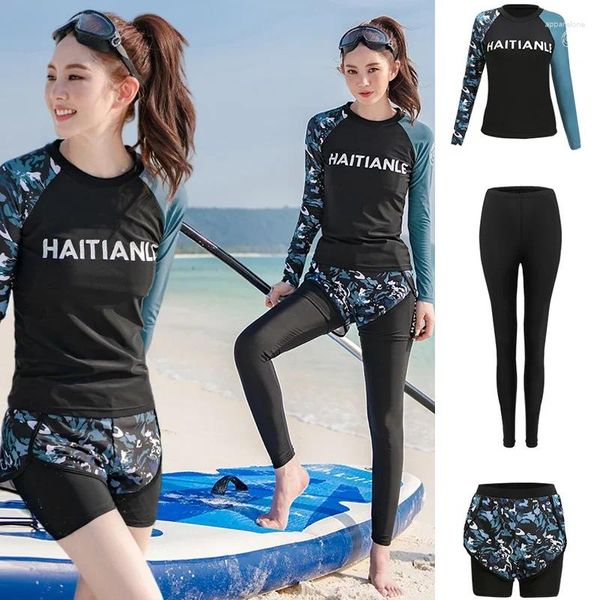 Traje de baño para mujer Protectores de erupción de dos piezas Traje de baño para mujer Pantalones de manga larga Pantalones de surf Impresión 3 piezas Ropa de playa de verano