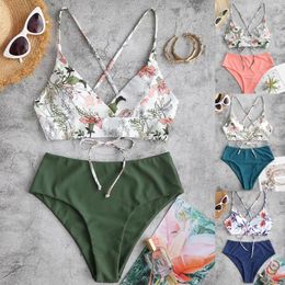 Bikini de maillot de bain en deux pièces de maillot de bain Two-Piece Femme 2024 Summer Beach Wear Suit Feme Feme Flower Print Split sets Ladies nager Drop