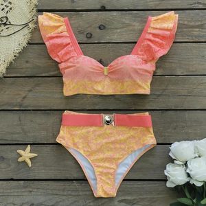 Dames badkleding tweedelig zwempak vrouwen bedekken met rok bloemengradiënt print een schouder ruche strandkleding vrouwelijk badpak